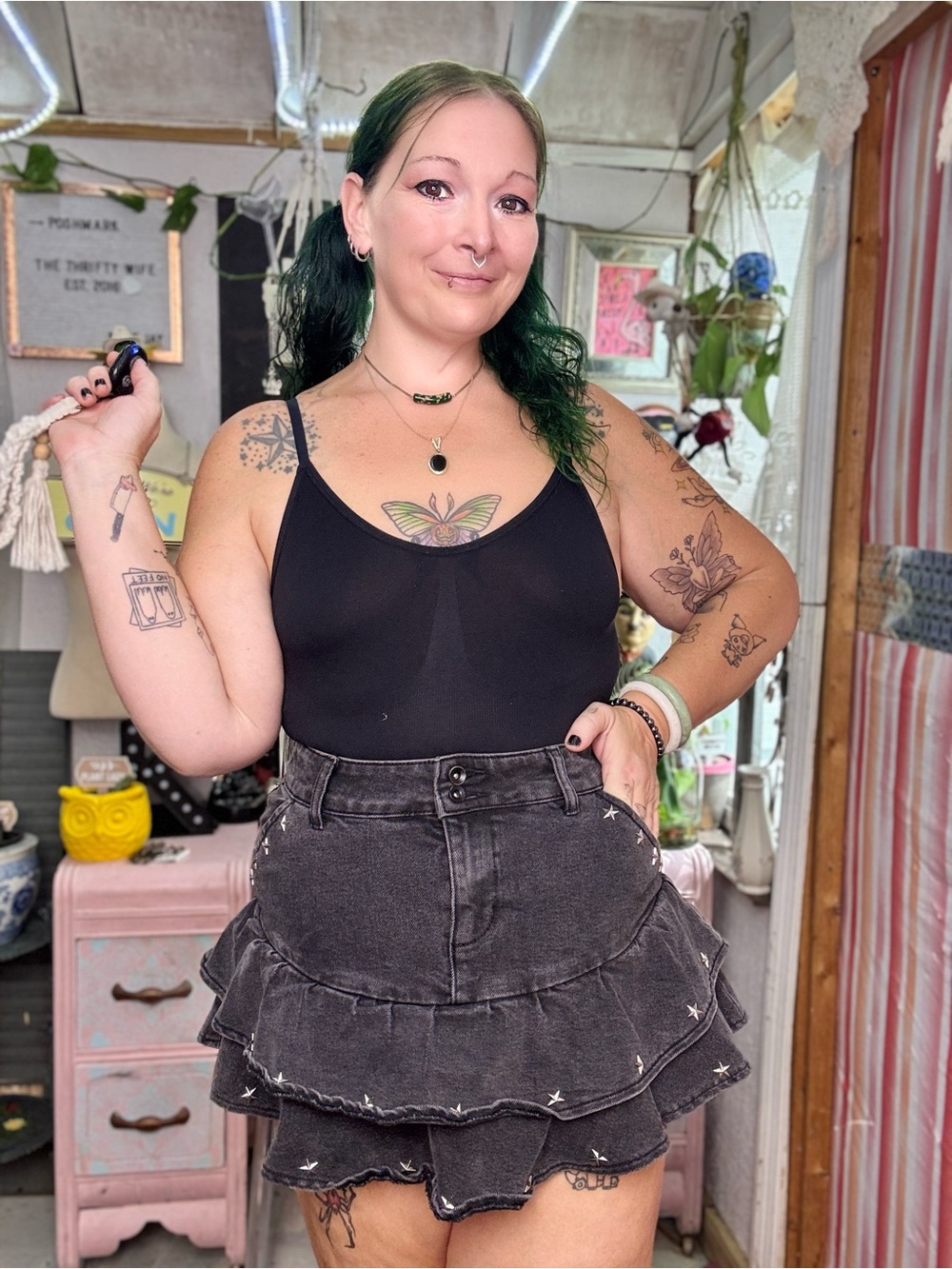 Hot Topic Y2K StyleMetal Silver Star Black Tiered Ruffle Mini Skirt Size Medium